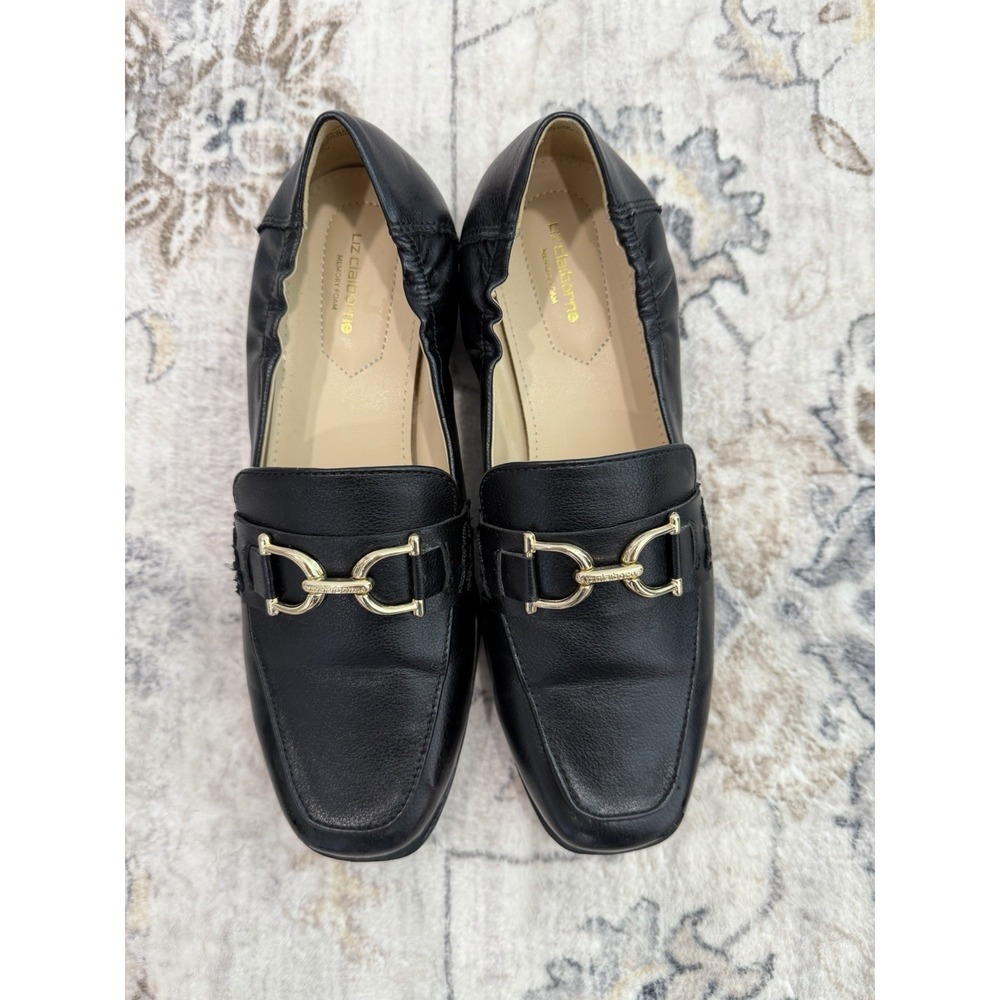 Liz Claiborne Black Leather Loafers Women's Size 8.5 Gold Horsebit Preppy Smart - Picture 2 of 8
